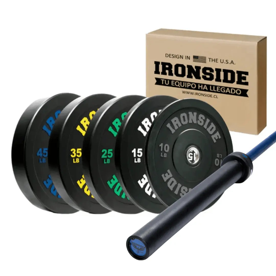IRONSIDE Phoenix Bar (45lb) + 260 lb PRO Plate Set Olympic Weight Plates IRONSIDE FITNESS CANADA Blue Bar