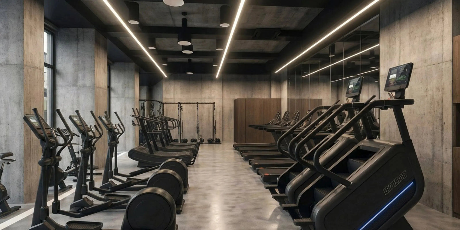 commercial gym equipment layout with cardio machines strength equipment and free weights