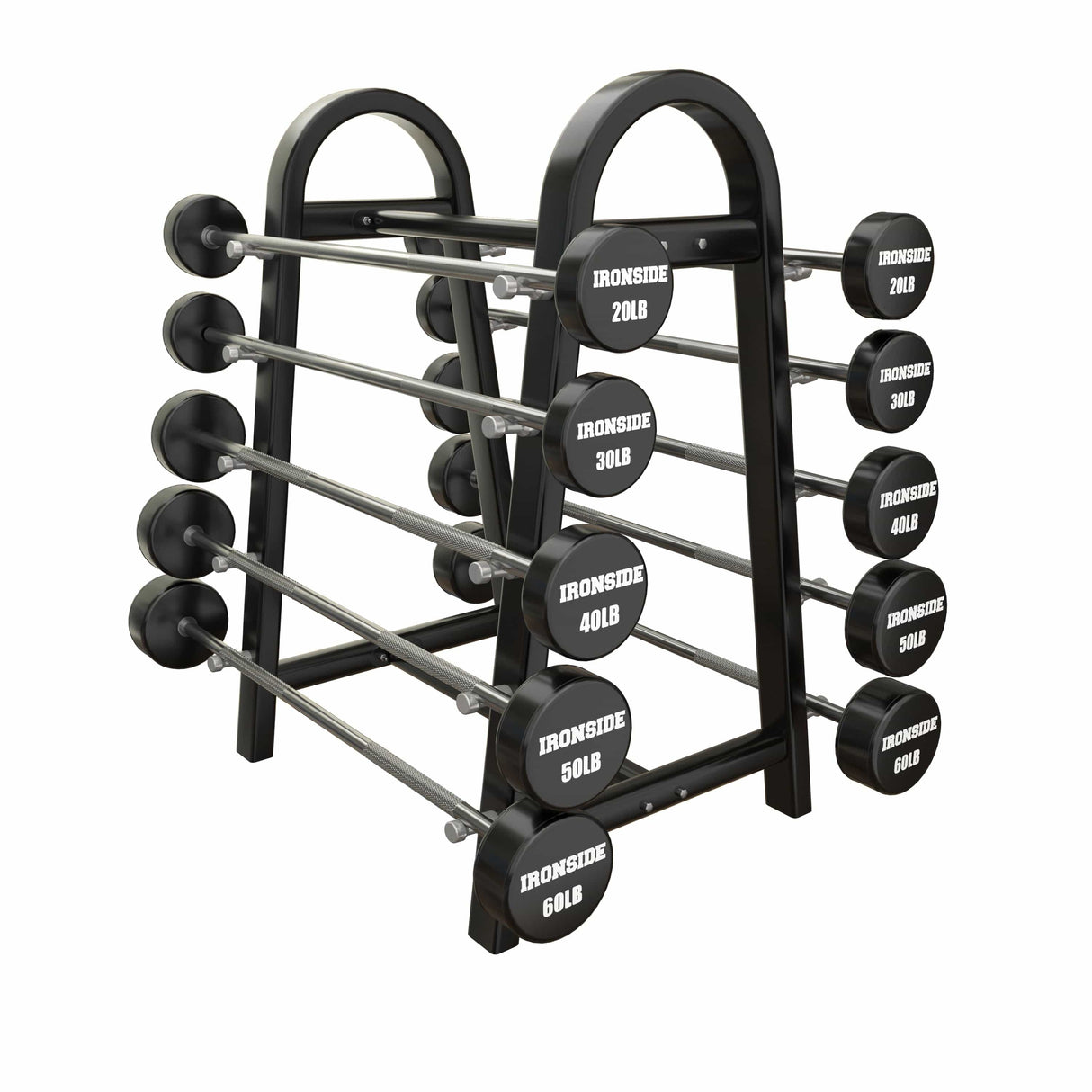 IRONSIDE Preloaded Straight Bar Set (20–60 lb) + Storage Rack