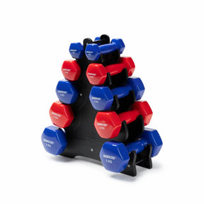 IRONSIDE vinyl dumbbell set in red and blue on its A-frame rack
