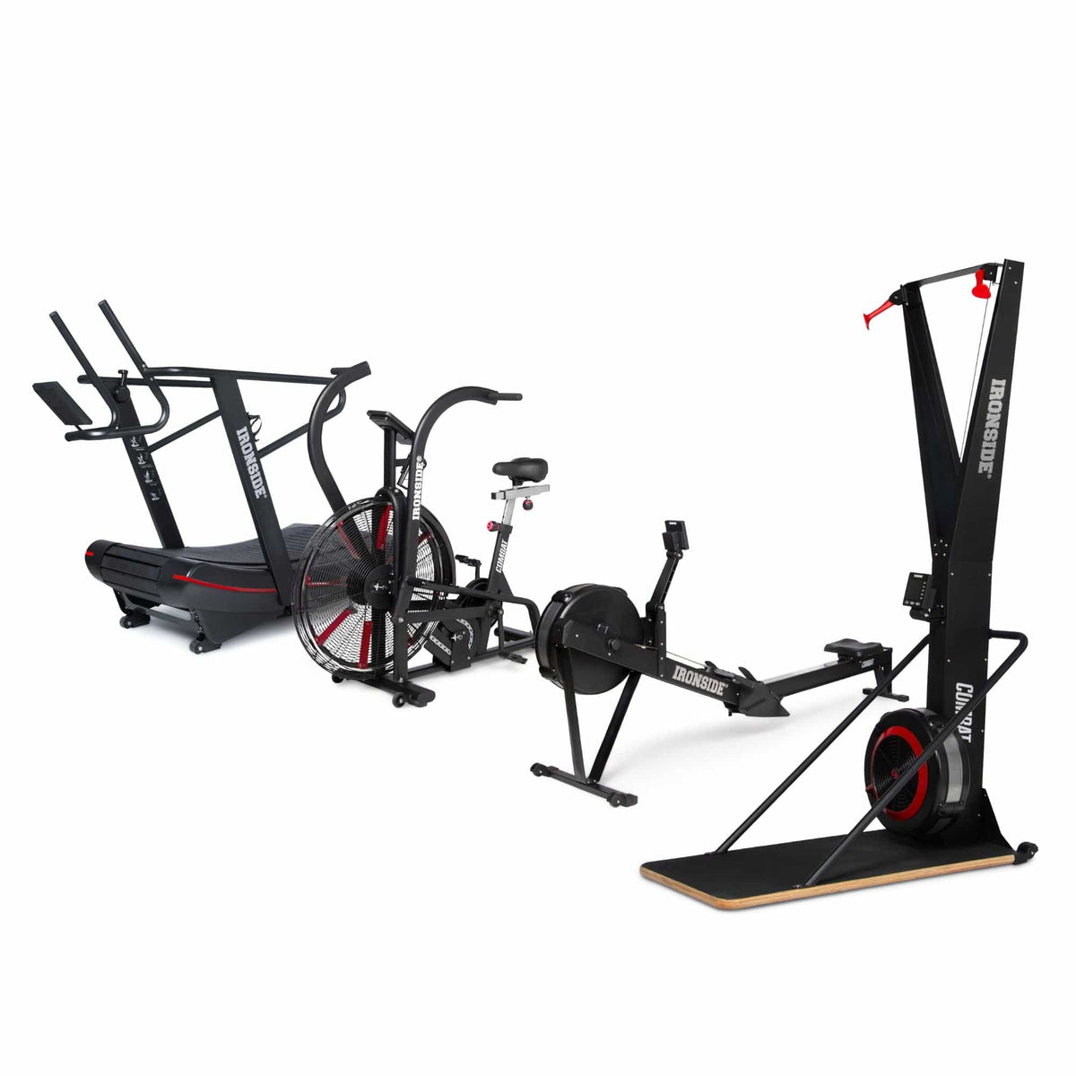 Pack Cardio : tapis de course incurvé IRONSIDE + vélo + rameur + ski erg