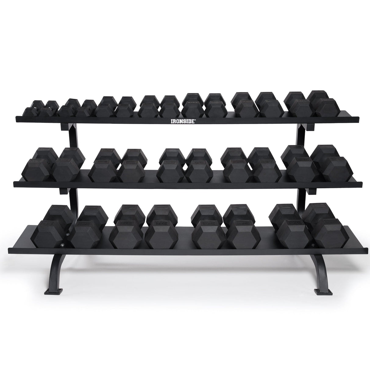 IRONSIDE Hex Dumbbell Set (5–85 lb) + Monster Rack (1530 lb)
