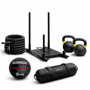 IRONSIDE HYROX Lite training pack with sled, kettlebells and sandbag