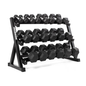 Ensemble d'haltères hexagonaux IRONSIDE 550 lb sur support à 3 niveaux