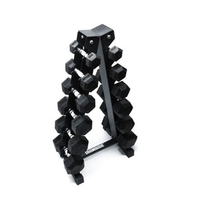 IRONSIDE 210 lb hex dumbbell set on its vertical storage rack