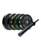 IRONSIDE Phoenix Cerakote 45 lb Olympic barbell with 260 lb Pro Bumper plate set - blue