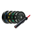 IRONSIDE Phoenix Cerakote 45 lb Olympic barbell with 260 lb Pro Bumper plate set - red