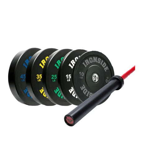 IRONSIDE Phoenix Cerakote 45 lb Olympic barbell with 260 lb Pro Bumper plate set - red